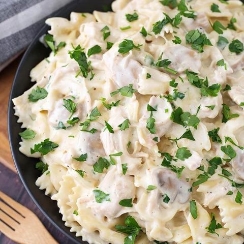 Photo of creamy pasta with turkey.