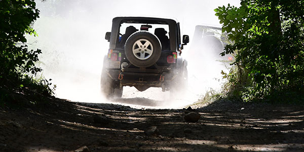 Back of a jeep surrounding with dust driving down a dirt road.