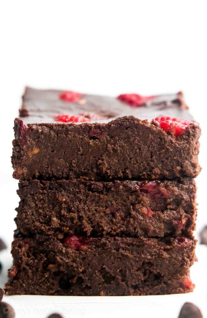 Photo of Fudgy Dark Chocolate Raspberry Brownies from AmysHealthyBaking.com.