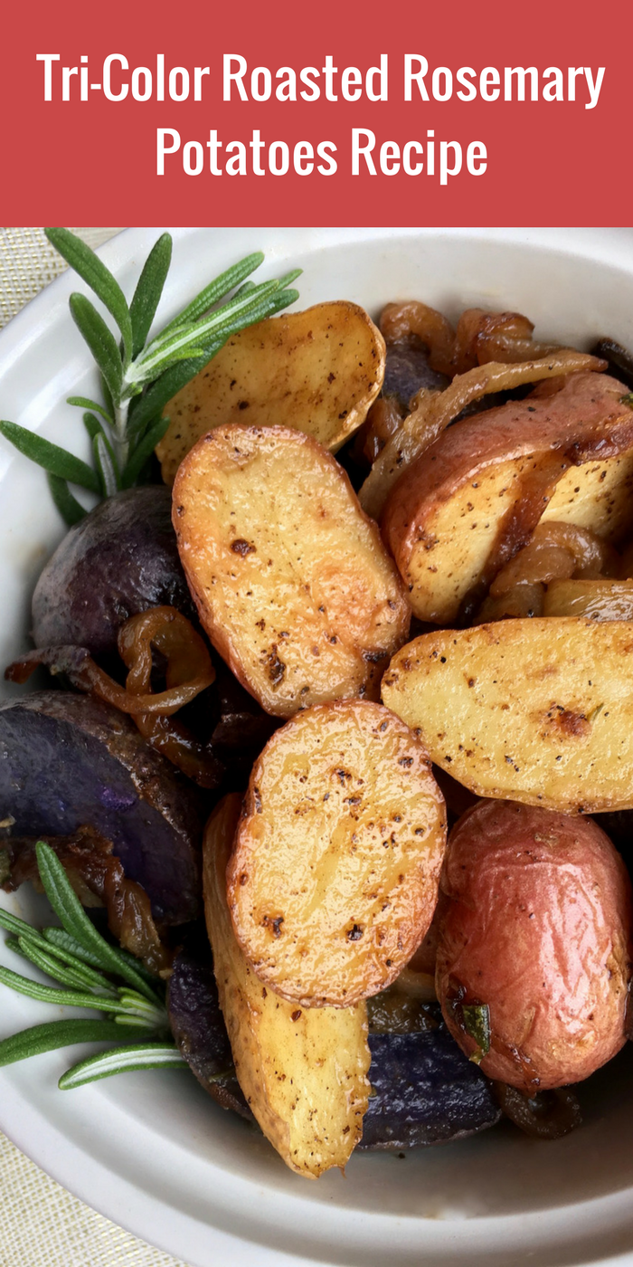 Photo of tri color roasted rosemary potatoes.