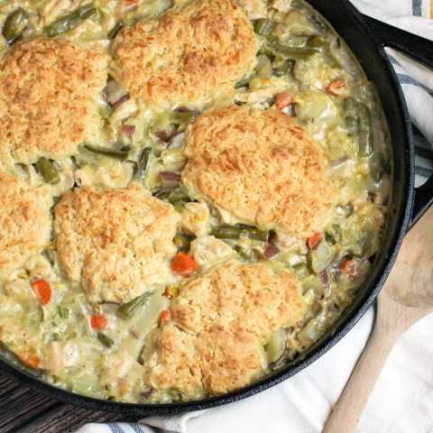 Photo of turkey pot pie with cheddar biscuits.