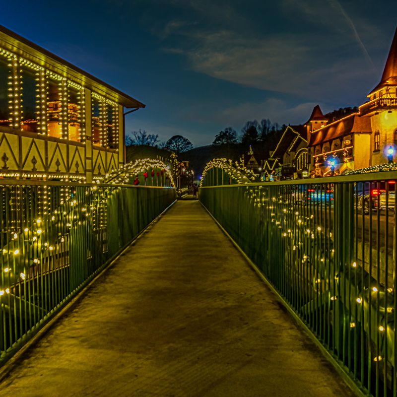 twinkling lights lining a walkway in helen, georgia