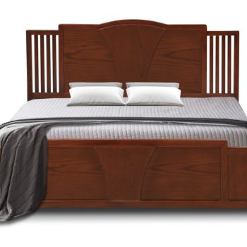 Wooden bed frame with grey bedding and white pillows